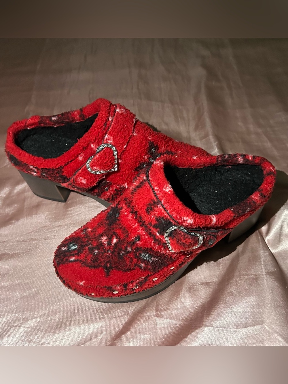 Muk Luks Red Plush Mule Clogs with Heart Buckle